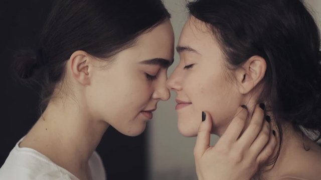 Happy lesbian couple embracing each other and smiling at home face to face in slow motion