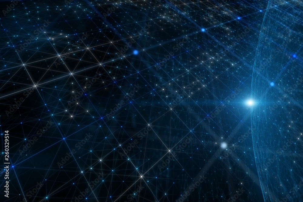 Wall mural abstract cyber space network background illustration with lines and dots.