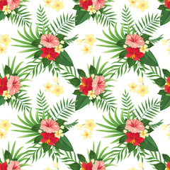 Tropical flowers seamless pattern. Summer tropic flower, wild plants leaves and tropics floral party vector background