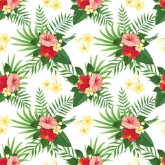 Tuinposter Tropical flowers seamless pattern. Summer tropic flower, wild plants leaves and tropics floral party vector background © Tartila