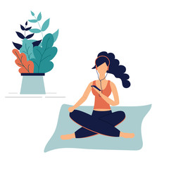 Trendy concept of fitness class and using mobile phone:girl sit in yoga pose with smart phone and headphones.Flat Funky Figures style.Decorated beautiful leaves and polka dots.Vector illustration