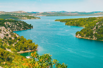 landscape view of skradin bay. summer time - obrazy, fototapety, plakaty