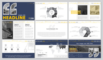 Template presentation. Blue, yellow. White background. Multipurpose template for slides, business infographics. Postcard, postcard corporate report marketing, advertising, annual report digital vector