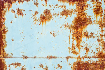 Texture of rusty metal, painted white which became orange spots from rust. Horizontal texture of paint on rustic steel sheets - obrazy, fototapety, plakaty
