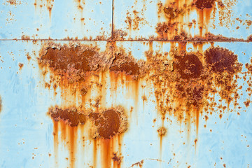 Texture of rusty metal, painted white which became orange spots from rust. Horizontal texture of paint on rustic steel sheets