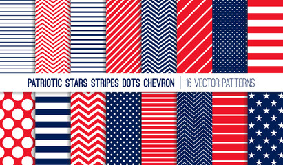 Patriotic Red White Blue Stars, Stripes, Polka Dots and Chevron Vector Patterns. July 4th Independence Day Backgrounds. Diagonal, Horizontal and Zigzag Stripes. Pattern Tile Swatches Included.