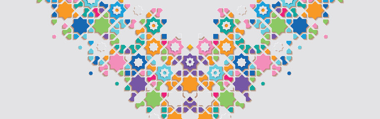 Ornamental colorful patterned stone relief in arabic architectural style of islamic mosque.Greeting card for Ramadan Kareem.