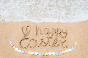 Happy easter lettering background with eggs on the sandy beach