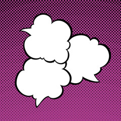 Three speech Bubbles on Purple Pop Art Background with Black Dots , Conversation on Halftone Retro Style Background, Vector Illustration