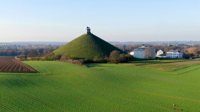 Aerial view of The Lion's Mound with farm land around.  The immense Butte Du Lion on the battlefield of Waterloo where Napoleon died. Belgium. 
