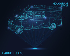 Cargo truck hologram. Holographic projection of a cargo truck. Flickering energy flux of particles. Scientific design of cargo transportation.