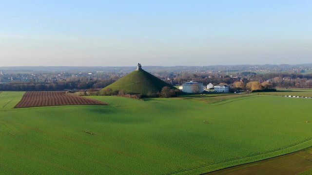 Aerial view of The Lion's Mound with farm land around.  The immense Butte Du Lion on the battlefield of Waterloo where Napoleon died. Belgium. 