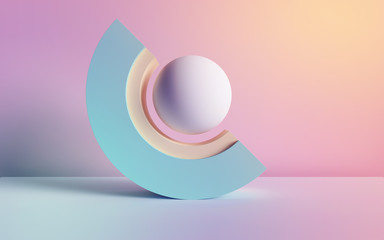 3d render, abstract background, pastel neon primitive geometric shapes, ball, arch, simple mockup, minimal design elements