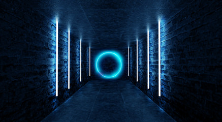 Abstract tunnel, corridor with rays of blue light and neon highlights. Abstract blue background,...