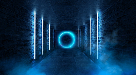 Abstract tunnel, corridor with rays of blue light and neon highlights. Abstract blue background,...