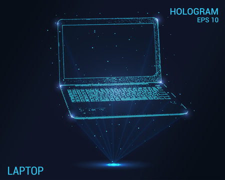 The laptop is a hologram. Holographic projection laptop. Flickering energy flux of particles. The scientific design of the laptop.