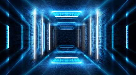 Abstract tunnel, corridor with rays of blue light and neon highlights. Abstract blue background, neon. Empty dark room with rays and lines. Brick walls, concrete floor. Night view. 3D illustration.