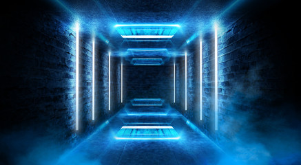 Abstract tunnel, corridor with rays of blue light and neon highlights. Abstract blue background, neon. Empty dark room with rays and lines. Brick walls, concrete floor. Night view. 3D illustration.