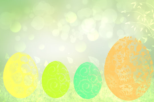 Happy easter background. Abstract green meadow with spring flowers and four colorful easter eggs and a bright green spring backdrop. Space for your design. Beautiful texture.