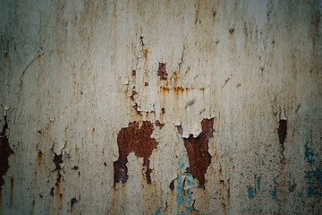 White Rust Metal Decayed Crumpled Sheet Wide Background. Corroded Steel Structure.