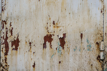 White Rust Metal Decayed Crumpled Sheet Wide Background. Corroded Steel Structure.