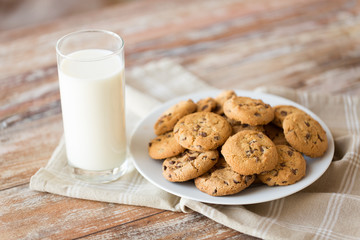 food, junk-food and eating concept - close up of oatmeal cookies with chocolate chips and glass of milk on plate