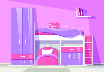 Cozy children room for two girls princess. Pink and violet furniture for child room. Vector template.