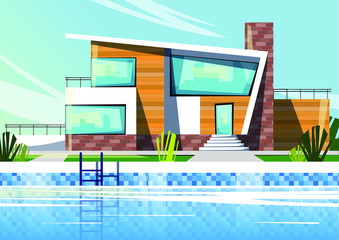 Luxury villa house for vacation in modern architecture style with big swimming pool and plants. Summer sunny day. Vector template.