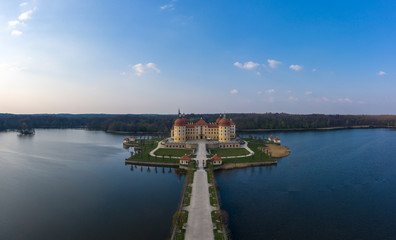 Photo showing Moritzburg Castle in Saxony, Germany. Photo taken from a drone at the Golden Hour.