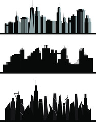 Set of vector silhouettes of modern architecture town in black. Modern urban cityscape with skyskrapers, buildings, houses. Gla and concrete architecture.