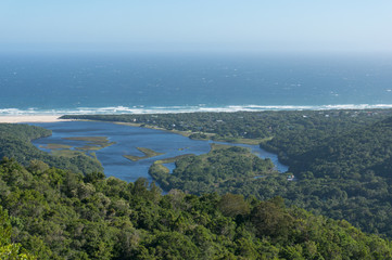 Fototapeta na wymiar Aerial view of ocean and lagoon in Natures Valley, South Africa