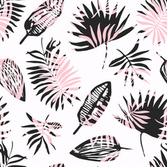 Fototapeta na wymiar Fashion seamless pattern with overlap mess of black and pink tropical leaves. Trendy contrast colors exotic plants texture for textile, wrapping paper, surface, wallpaper, background