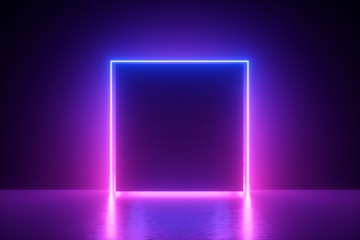 3d render, blue pink neon square frame, empty space, ultraviolet light, 80's retro style, fashion show stage, abstract background