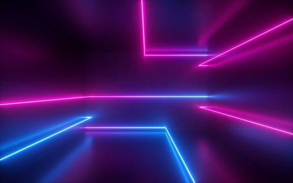 3d render, pink blue neon lines, geometric shapes, virtual space, ultraviolet light, 80's style, retro disco, fashion laser show, abstract background