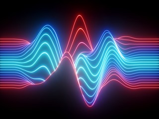 Fototapeta na wymiar 3d render, red blue wavy neon lines, electronic music virtual equalizer, sound wave visualization, ultraviolet light abstract background