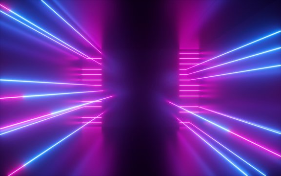 3d render, pink blue neon lines, geometric shapes, virtual space, empty room, ultraviolet light, 80's style, retro disco, fashion laser show, abstract background