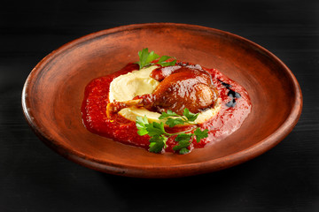Roasted duck leg with mashed potatoes and tomato sauce-2.