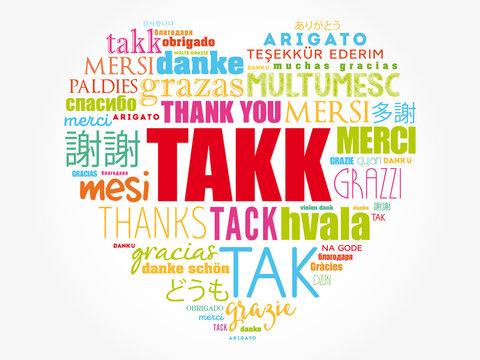 Takk (Thank You in Icelandic) love heart Word Cloud in different languages