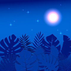 Fototapeta na wymiar Square tropical web banner template with palm leaves made in 3D paper cut and craft style. Summer night floral jungle background with monstera leaves. Stars and Moon light glowing at night.