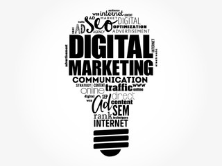 Digital Marketing light bulb word cloud, business concept background