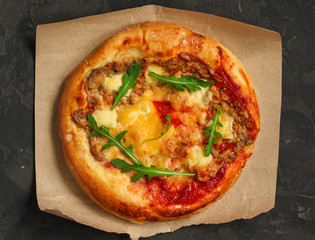 pizza, chicken, tomato sauce, cheese, (pizza ingredients). hot pizza. Top view. copy space