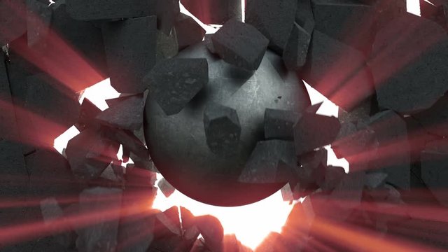 4K. Rays Of Light Make Their Way Through A Concrete Wall Destroyed By A Metallic Wrecking Ball. 3840x2160. 3D Animation.