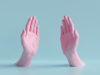 3d render, beautiful hands isolated, female mannequin body parts, minimal fashion background, helping hands, blessing, partnership concept, pink blue pastel colors