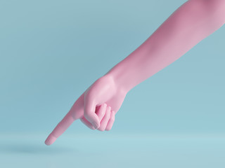 3d render, female hand isolated, finger down, pointing gesture, direction symbol, shop display, minimal fashion background, mannequin body part, show, presentation, pink blue pastel colors