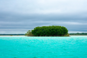 Bacalar Lake Lagoon in Mexico. Crystal Clear Blue and Green Water. 