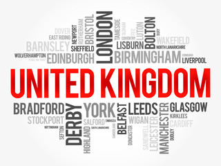 List of cities and towns in the United Kingdom, word cloud collage, travel concept background