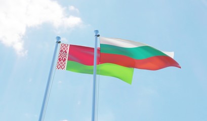 Belarus and Bulgaria, two flags waving against blue sky. 3d image