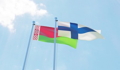 Belarus and Finland, two flags waving against blue sky. 3d image