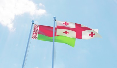 Belarus and Georgia, two flags waving against blue sky. 3d image