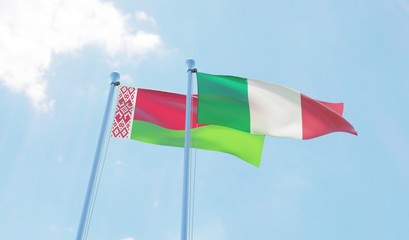 Belarus and Italy, two flags waving against blue sky. 3d image
